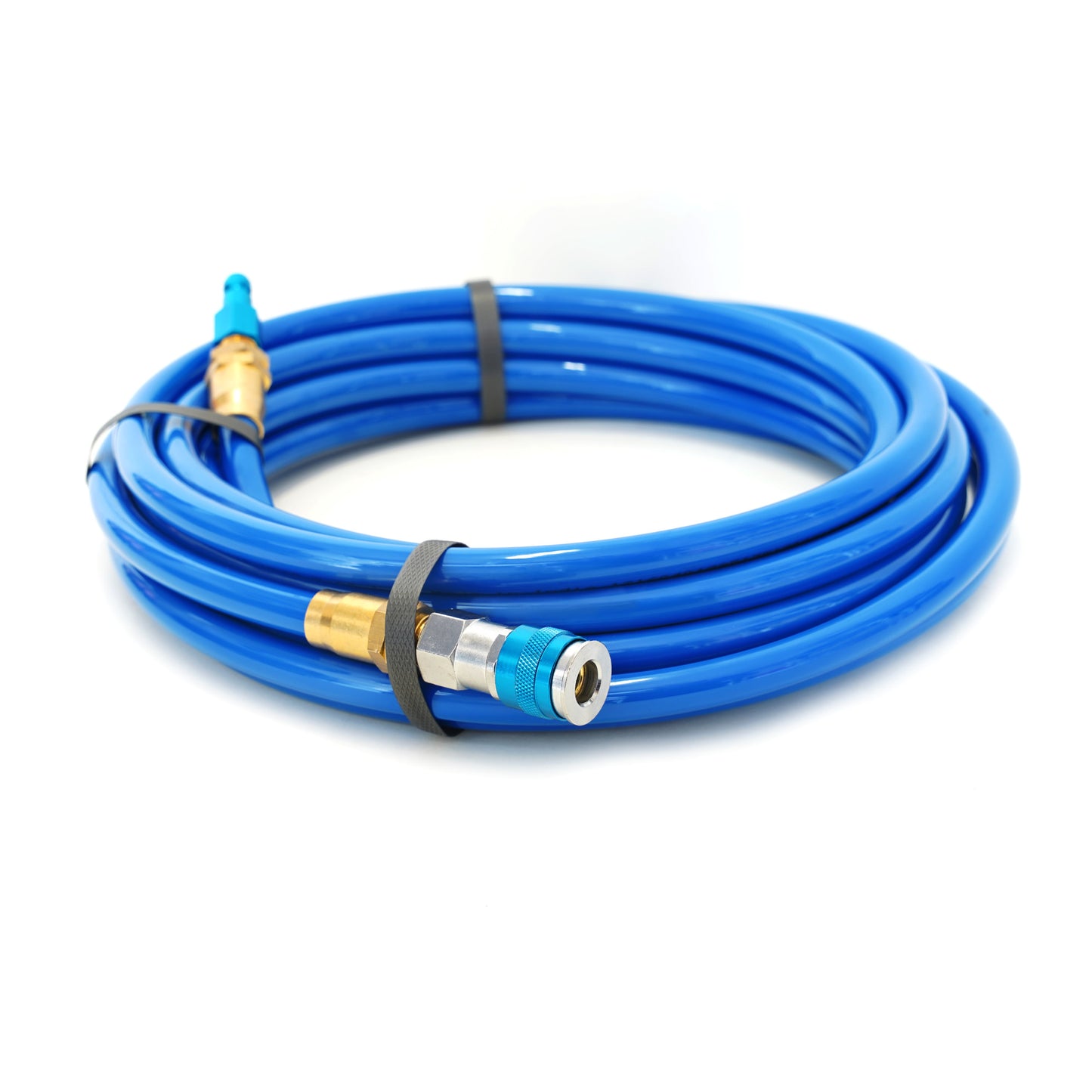 25-feet and 3/8-inch ID abrasion-resistant polyurethane hose with reuseable 1/4-inch NPT brass and quick connect fittings.