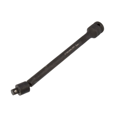 The 9-inch STEELMAN PRO 1/2-inch drive, 3/8-inch Pinless Extension is made from heat-treated chromoly steel.  The 1/2-inch female drive end accepts most sized power tools and the 3/8-inch male end accepts all types of 3/8-inch impact grade sockets