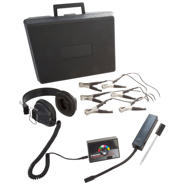 A combination pack of auto diagnostic tools used to locate troublesome noises in the repair stall and during road tests. Inclues 6 microphone clamps that are color coded for easy identification during testing