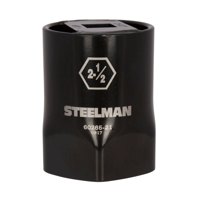 The STEELMAN 2-1/2-inch 6-Point Locknut Socket is designed in a 6-point style that grips the sides of fasteners instead of the corners to reduce wear and rounding. Carbon steel with industrial-strength black powder coat and laser etched callouts.