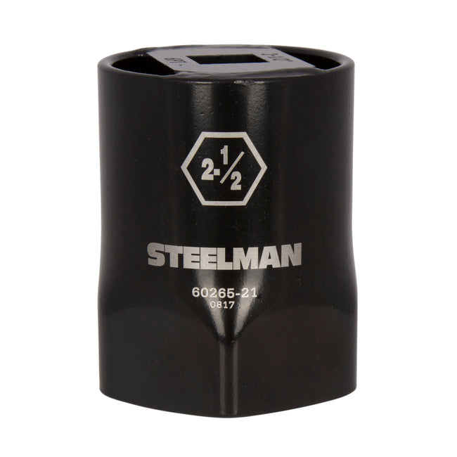 The STEELMAN 2-1/2-inch 6-Point Locknut Socket is designed in a 6-point style that grips the sides of fasteners instead of the corners to reduce wear and rounding. Carbon steel with industrial-strength black powder coat and laser etched callouts.