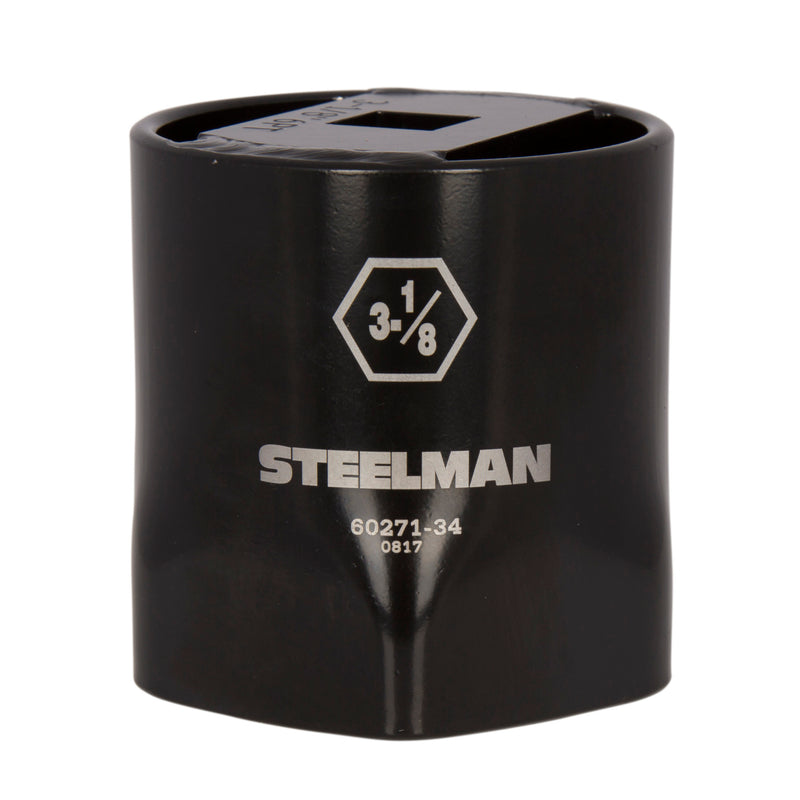 The STEELMAN 3-1/8-inch 6-Point Locknut Socket is designed in a 6-point style that grips the sides of fasteners instead of the corners to reduce wear and rounding. Carbon steel with industrial-strength black powder coat and laser etched callouts.