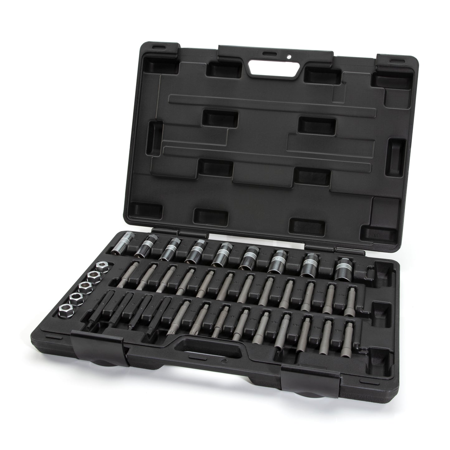 Repair and maintain vehicle front suspensions, struts, and shocks with the STEELMAN 39 Piece Strut / Shock Installation Tool Kit. Achieve precise torque when tightening the shock absorber piston rods with the included sockets and adapters.