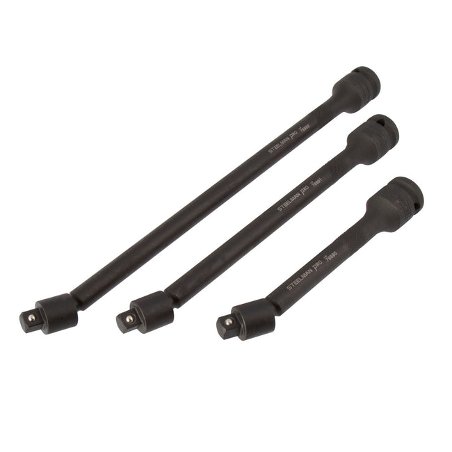 This 3-piece Pinless Swivel Impact Extension Set includes a 6-inch, 9-inch, and 12-inch extension.  Made from premium quality, heat-treated 4140 chromoly steel with black oxide finish