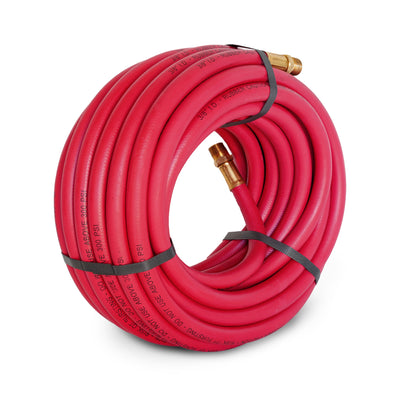 STEELMAN 50-Foot 3/8-inch ID Rubber Air Hose with 3/8-inch NPT Brass Fittings. Made of premium rubber, this abrasion-resistant hose resists kinking and is perfect for use in shops with concrete floors. Working pressure of 300 PSI. Red.