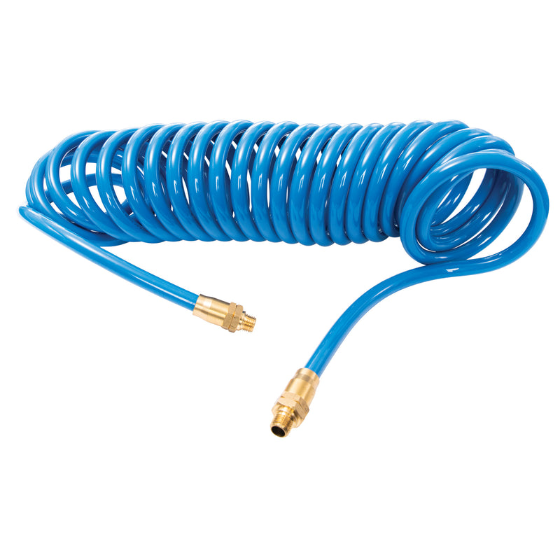 STEELMAN 25-Foot 3/8-inch ID Coiled Air Hose with Reusable 1/4-inch NPT Brass Fittings. Abrasion and kink resistant. Withstands working with compressed air pressures of up to 100 PSI. Preattached brass fittings. Blue.