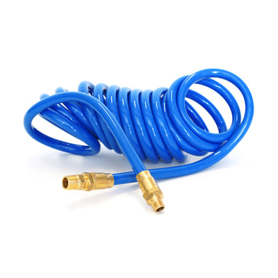 STEELMAN 15-Foot 3/8-inch ID Coiled Air Hose with Reusable 1/4-inch NPT Brass Fittings. Abrasion and kink resistant. Withstands working with compressed air pressures of up to 100 PSI. Preattached brass fittings. Blue.