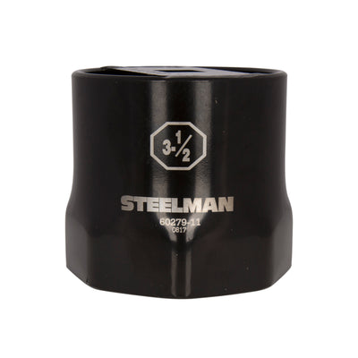 The STEELMAN 3-1/2-inch 8-Point Locknut Socket is designed in a 8-point style that grips the sides of fasteners instead of the corners to reduce wear and rounding. Carbon steel with industrial-strength black powder coat and laser etched callouts.
