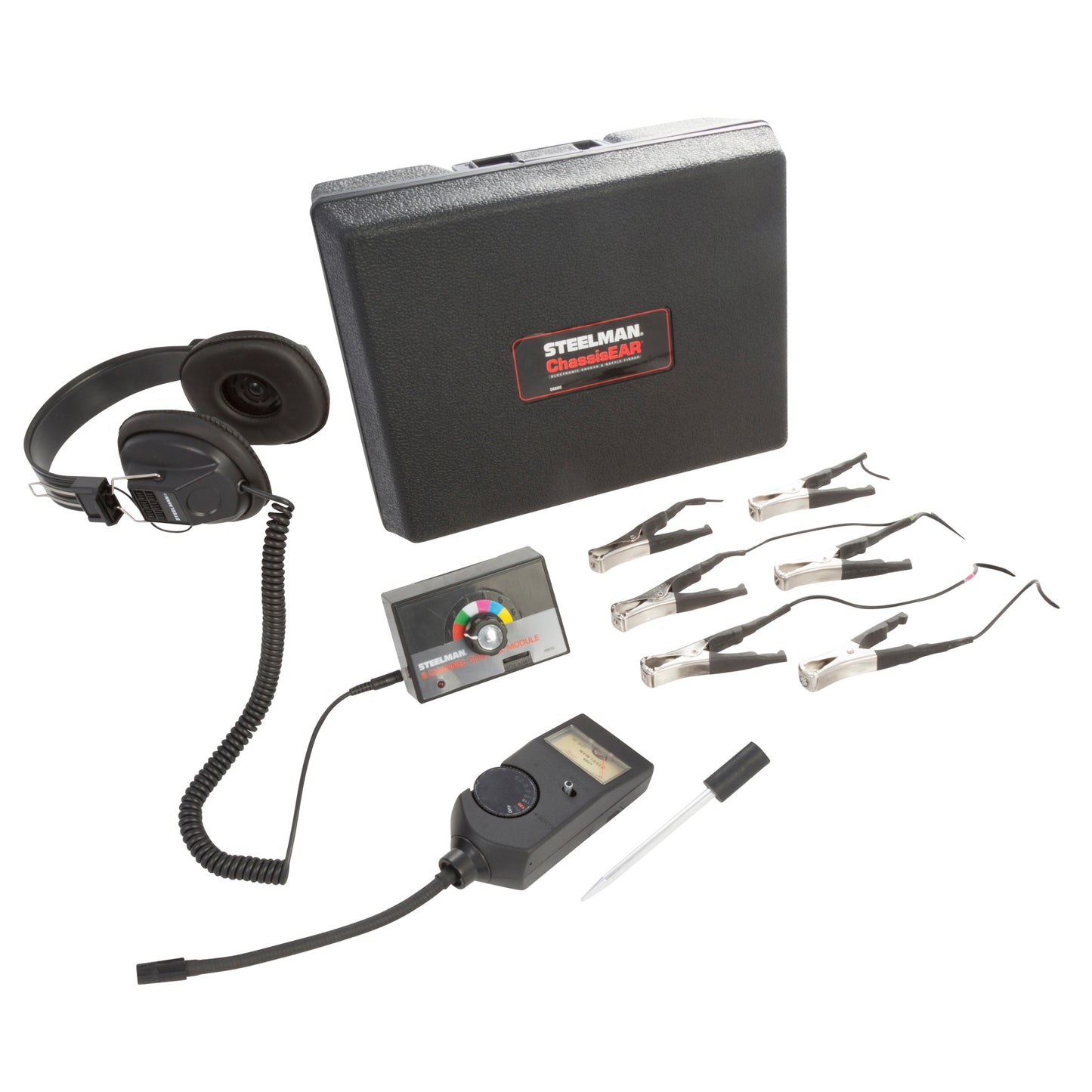 A combination pack of auto diagnostic tools used to locate troublesome noises in the repair stall and during road tests. Inclues 6 microphone clamps that are color coded for easy identification during testing