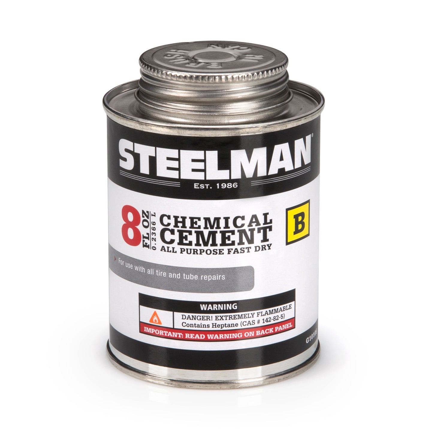 An all-purpose, fast-drying rubber cement suitable for all rubber tire and inner tube repairs. The cement contains accelerators to speed up vulcanization, with an applicator brush included under the cap