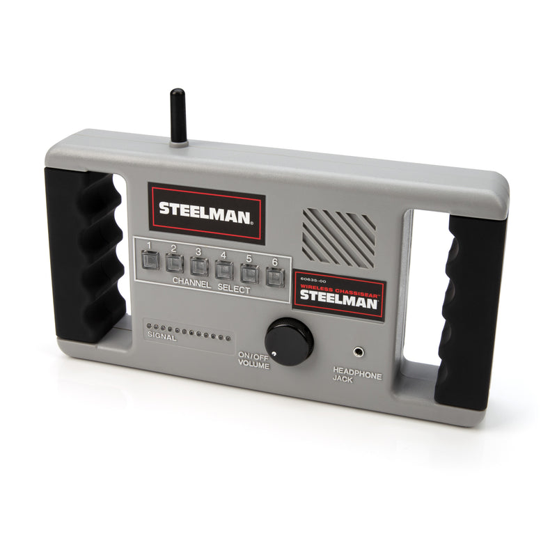 This replacement receiver unit for the STEELMAN 60635 Wireless ChassisEAR automotive diagnostic device. It features illuminated channel buttons to indicate active channels, volume control, and ability to mute and switch between channels.