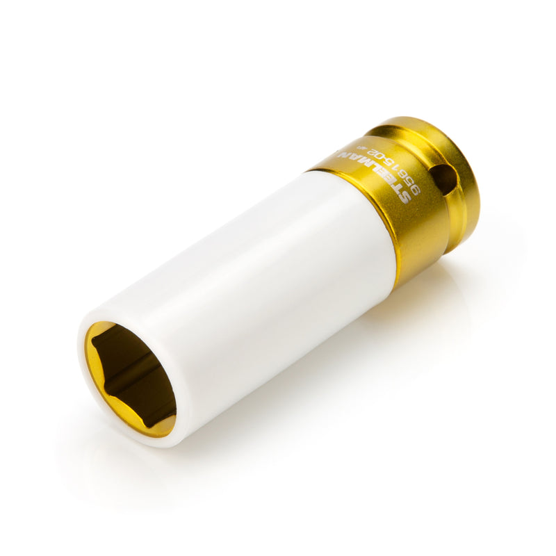 The STEELMAN 19mm Socket has two polyethylene protective features as buffers between its durable chrome-moly steel construction and a vehicle's wheels. An outer sleeve protects wheels while an insert protects the face of lug nuts.