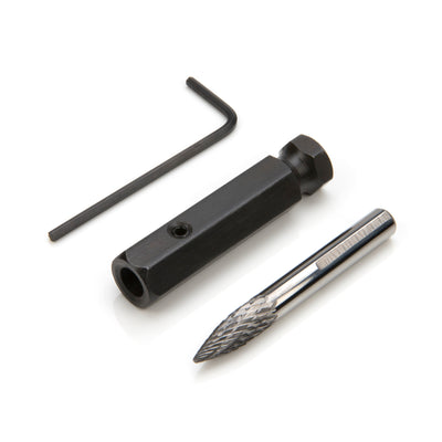 The STEELMAN 1/4-inch Carbide Double Cut Burr for Tire Repair Dressing with Adapter is designed to clean out a tire injury in preparation for a plug of plug stem patch. A 2mm hex set screw holds the carbide burr in place inside the adapter