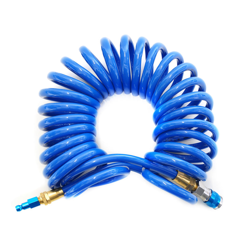 STEELMAN 25-Foot 3/8-inch ID Coiled Air Hose with Reuseable 1/4-inch NPT Brass and Quick Connect Fittings. Kink and abrasion-resistant polyurethane. Working air pressures of up to 100 PSI. Features AMT-style coupler and automotive T-style plug. Blue.