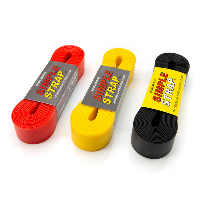 Self-Gripping UV Resistant 2mm Thick Rubber Tie Down Straps, Black, Red, and Yellow 3-Pack