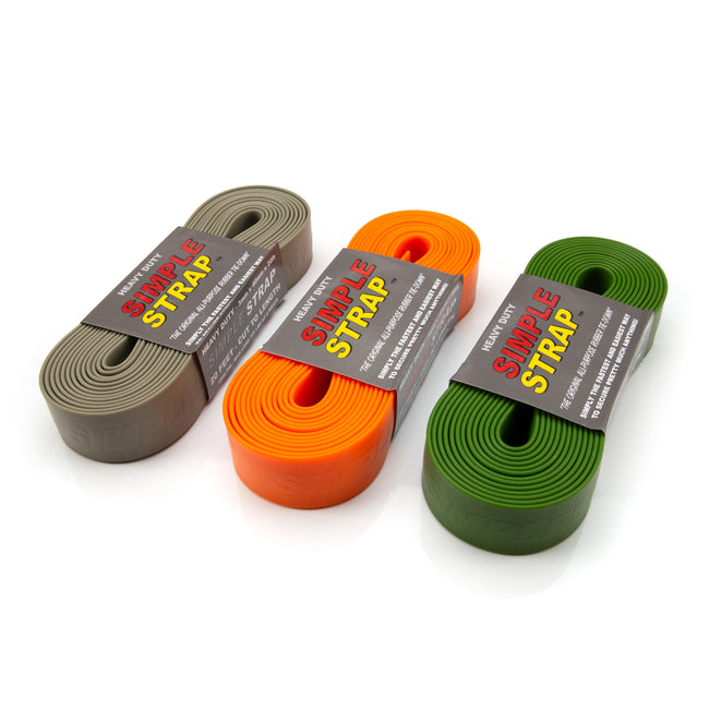 Self-Gripping UV Resistant 3mm Thick Heavy-Duty Rubber Tie Down Straps, Outdoorsman Forest Green, Grey, and Orange 3-Pack