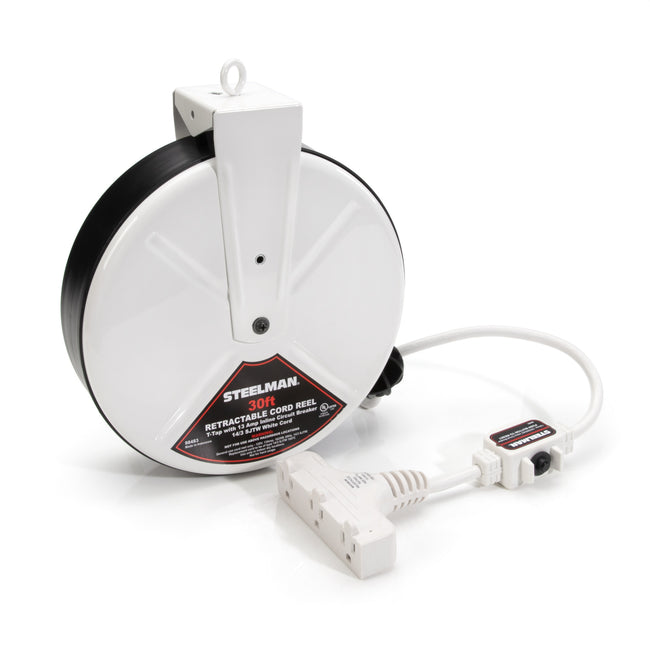 30-Foot Retractable Cord Reel with Triple Tap Receptacle and Inline Circuit Breaker